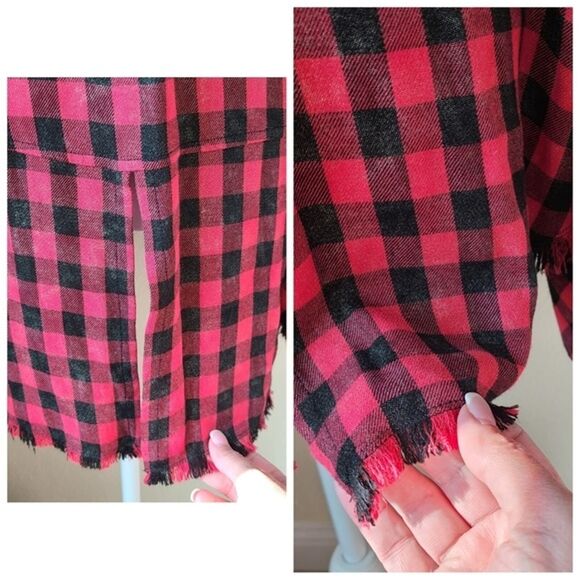 Cloth and‎ Stone Anthropologie Shirt Medium Buffalo Plaid Raw Hem Button Down - Picture 2 of 11